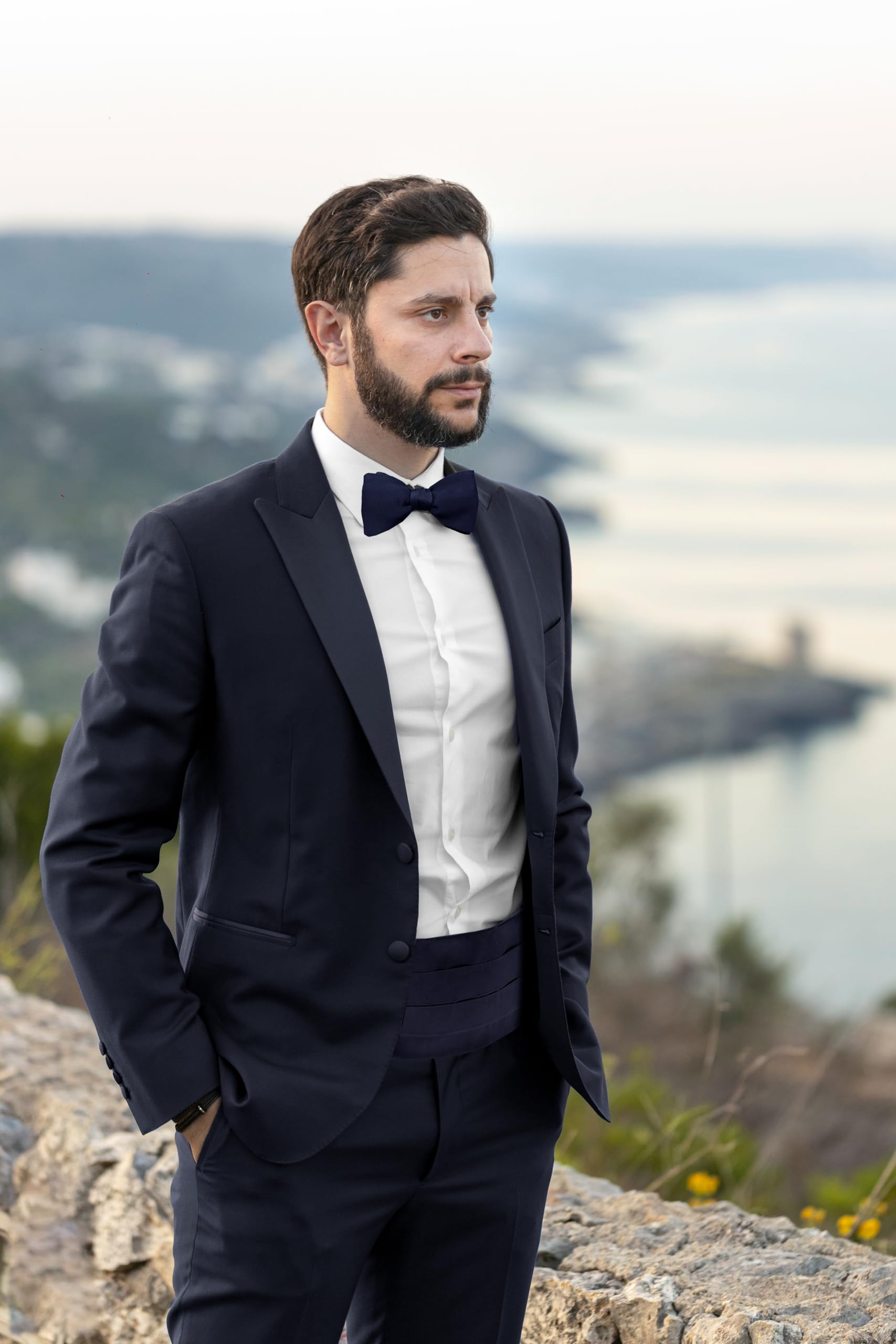 Remo Sartori - Set Fusciacca Fascia da Smoking e Papillon da Annodare in Seta Blu,3 Pieghe, Chiusura Regolabile, Made in Italy,Uomo