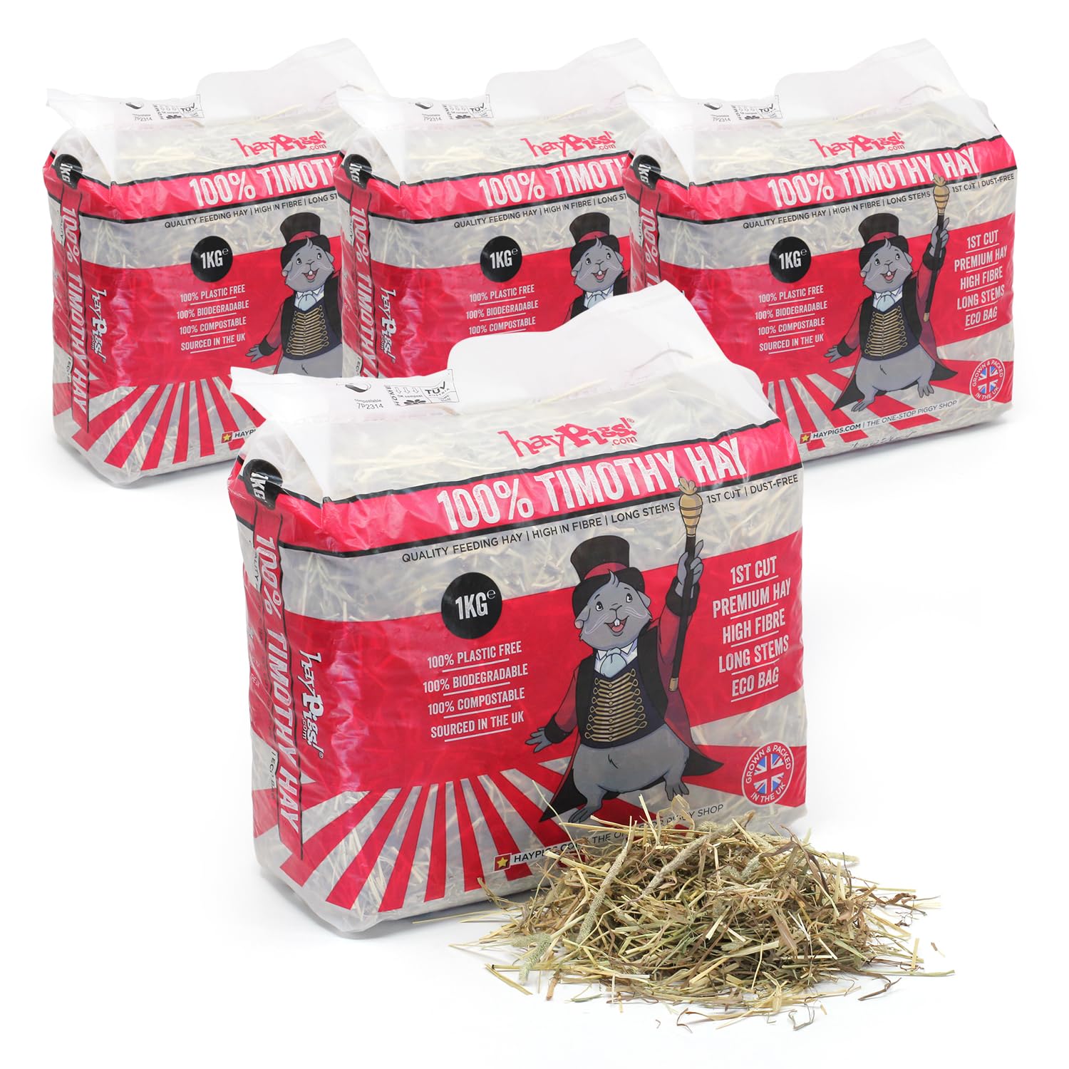 HAYPIGS 1kg (x4) 100% First Cut Timothy Hay for Guinea Pigs Feeding - Hay for Rabbits and for Guinea Pig Hay - Eco Bag of Feeding Hay for Chinchilla Food and Degu Food
