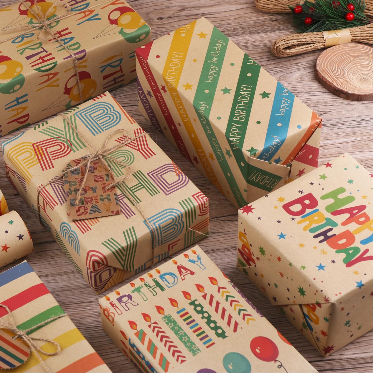 Carta Da Regalo Compleanno - Set Con 6 Fogli 50x70cm, 20m Corda Di Carta, 9 Etichette, Riciclata E Colorata - Foto 14