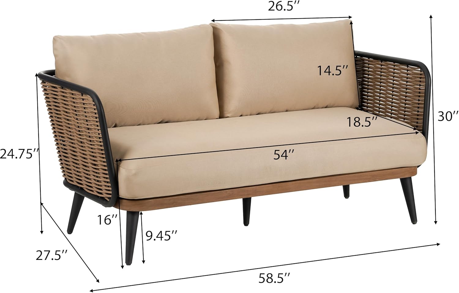 Christopher Knight Home Tobin Patio Loveseat, Outdoor 2-Seater Lounge Sofa, Woven Wicker Faux Rattan Accents, Iron Frame, Removable Water-Resistant Cushions, Porch/Backyard/Balcony, Beige+Black+Brown
