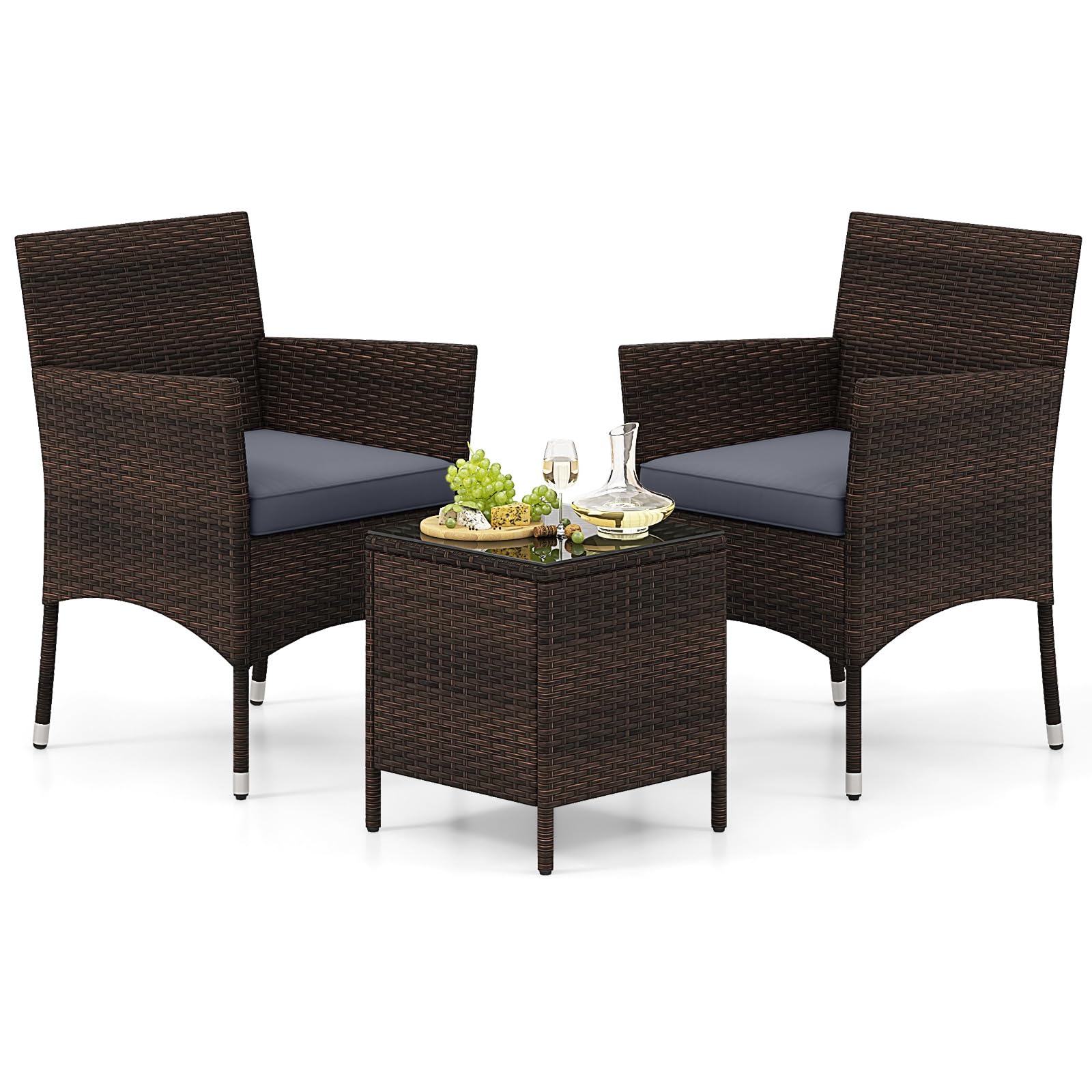 Tangkula 3 Pieces Patio Rattan Furniture Set, Outdoor Conversation Set with PE Wicker Armchairs, Tempered Glass Top Coffee Table, Soft Removable