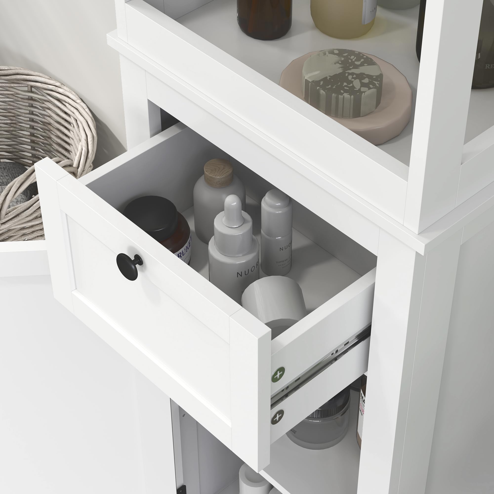 HOMCOM Columna de Baño Armario de Baño 40x30x165 cm con Cajón Puerta Estante Ajustable y 2 Compartimientos Estilo Moderno Blanco