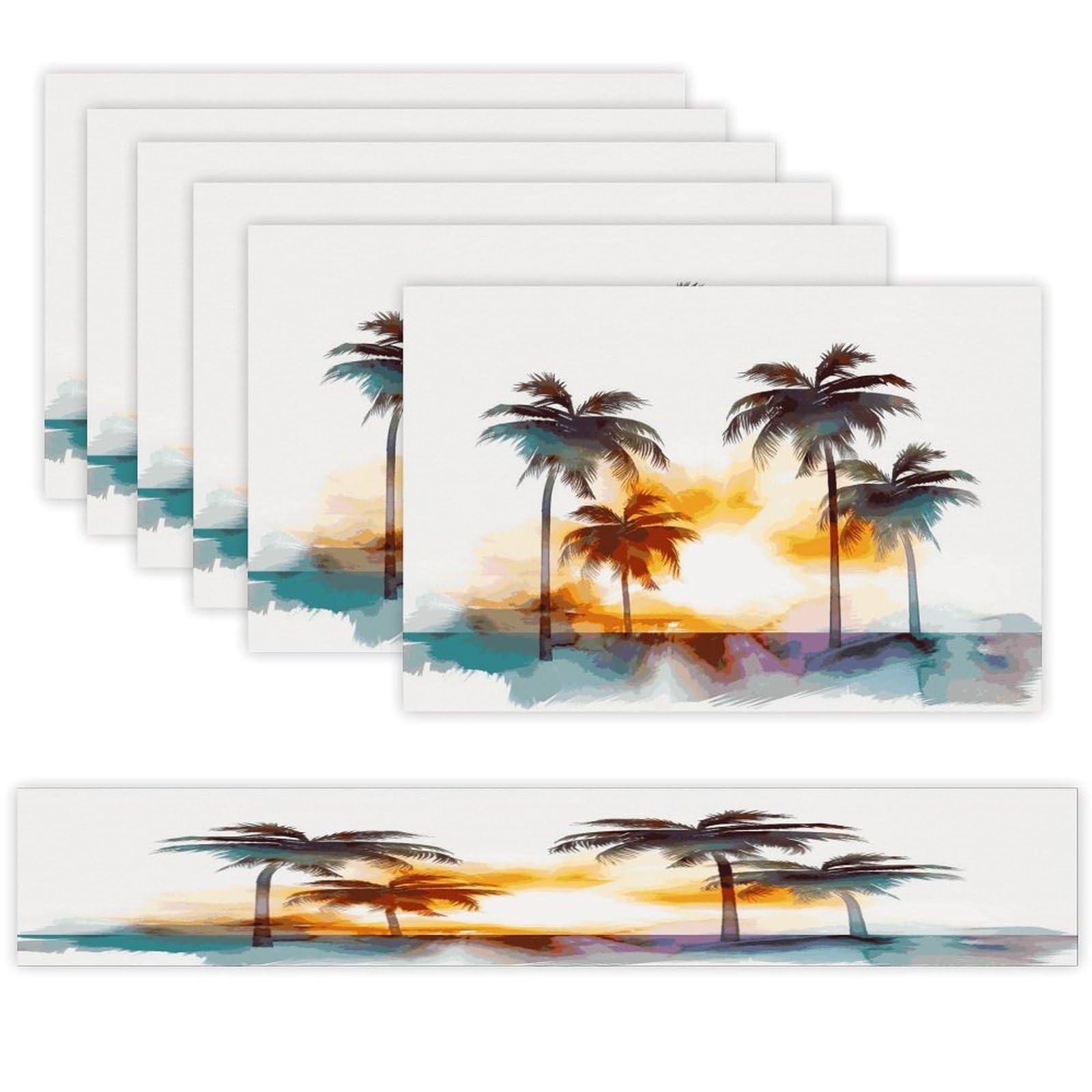 Palm Trees Sunset Table Runner and Placemats Set of 6 Heat Resistant Table Runner Place Mats Modern Cloth Table Mat Washable Linen Placemat Festive Reusable Set