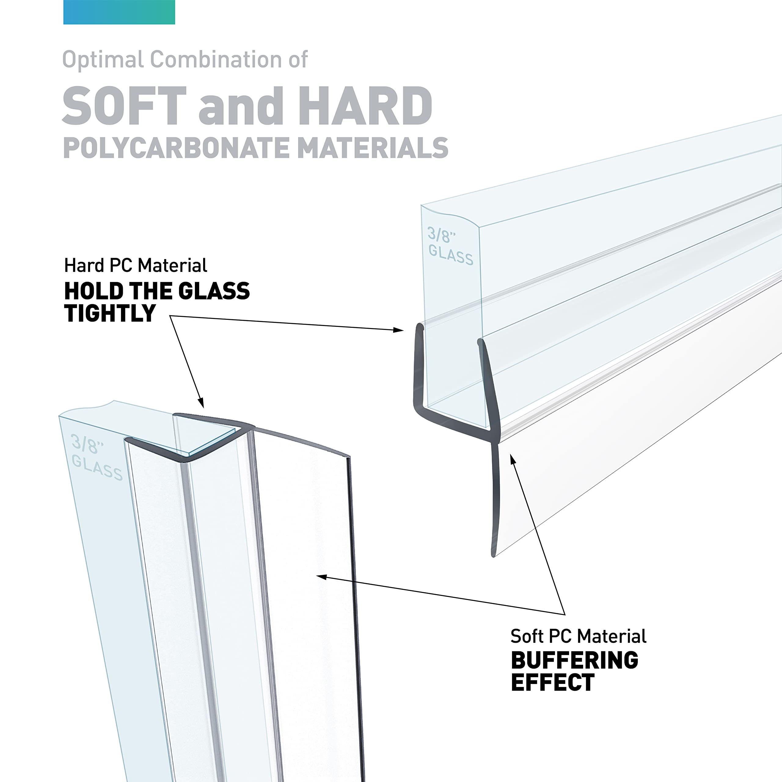 Shower Door Seal H Type, 2Pack 3/8" X 77" Frameless Shower Door Side