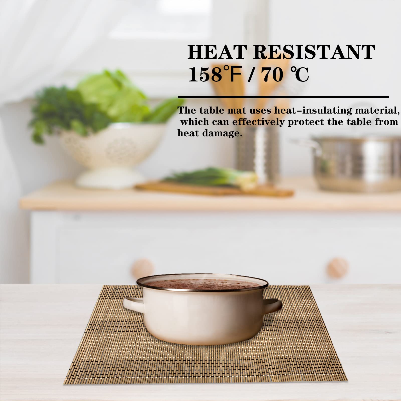 Juego de 4 manteles individuales de bambú de tejido moderno, antideslizantes, de bambú, lavables, resistentes al calor, para decoración de mesa de cocina, comedor (12 x 24 pulgadas, marrón)