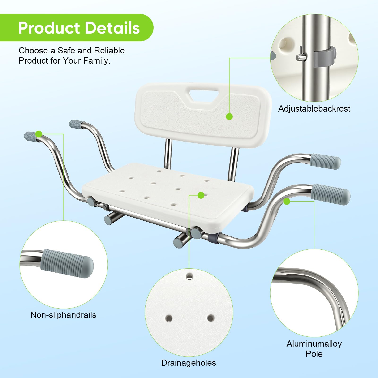 Sedile per Vasca da Bagno per Anziani, Antiscivolo Sgabello da Doccia con Schienale, Larghezza Regolabile 77-87cm, Portata 150 kg, con Cuscinetti e Maniglie in Silicone Antiscivolo, Bianco