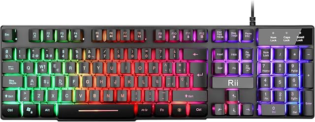 Rii RK100 + klawiatura gamingowa z podświetleniem tła z 5 kolorami tęczy. Mechaniczna i wysoka czułość. Z kablem. Kolor czarny. Klawiatura hiszpańska.
