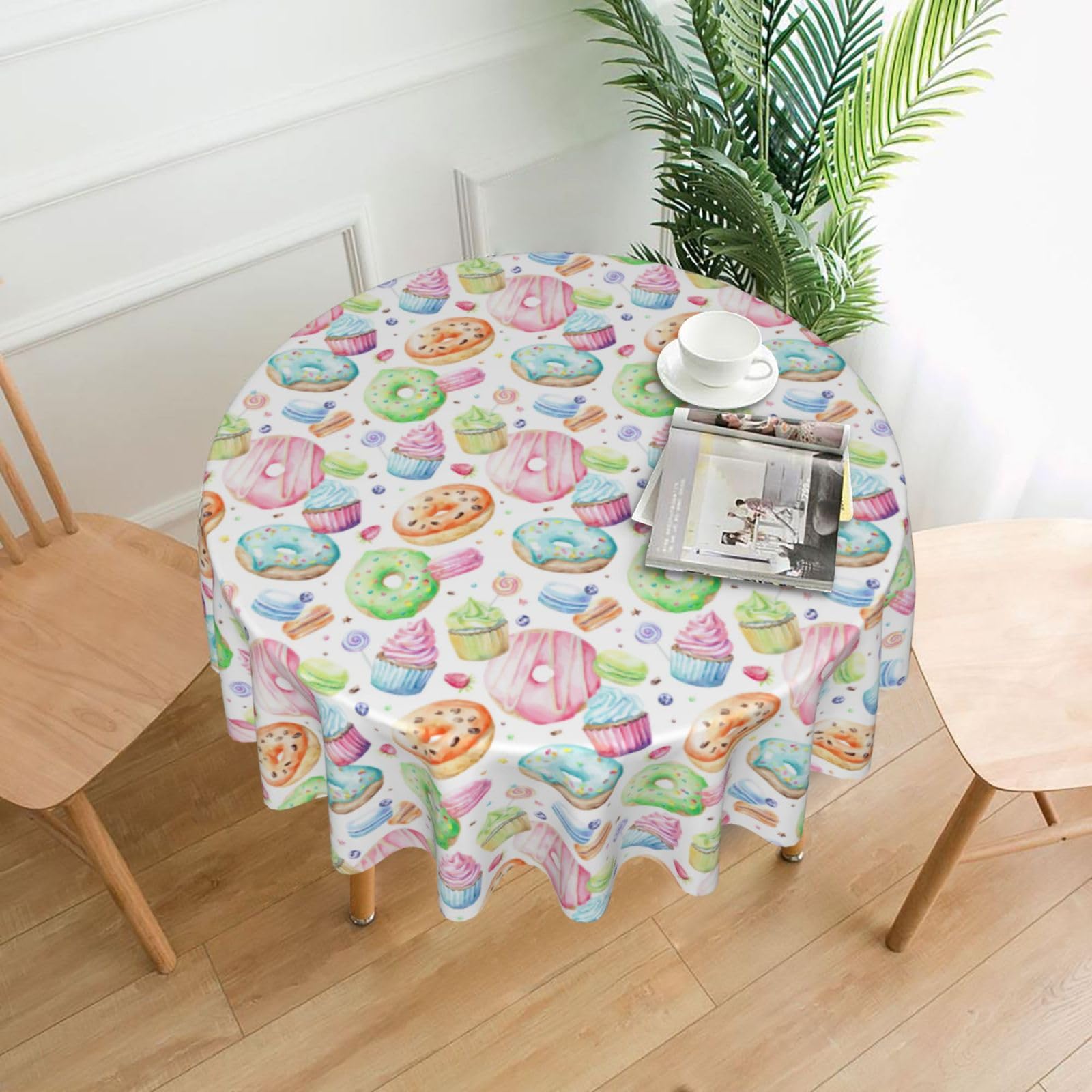 OXbnmm Cupcakes Donuts Muffins Sugar Print Soft Round Tablecloth 60in Polyester Washable Cover Cozy Gift for Mom Housewarming