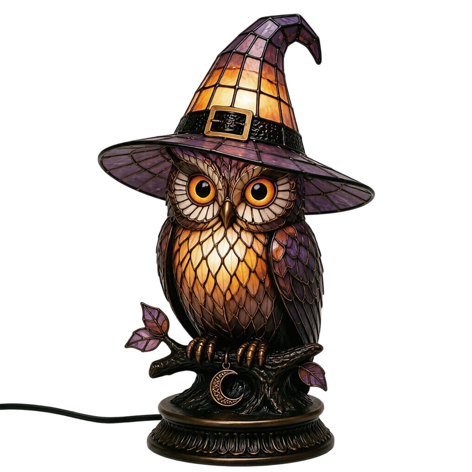 Stained Glass Witch Hat Lamp, Vintage Halloween USB Table Night Light, Halloween Home Decor Accent Lamps, Heat-Resistant Resin Material, Soft Warm Ambient Glow for Bedroom & Bookshelf (Style A)