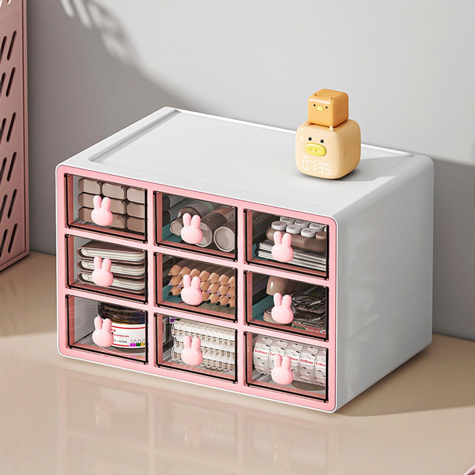Caja De Almacenamiento Plástico con 9-Cajones, Clasificación Escritorio, Cajas Clasificación, Revista Piezas Pequeñas, Organizador Escritorio para Cosméticos, Joyas, Papelería,Rosado