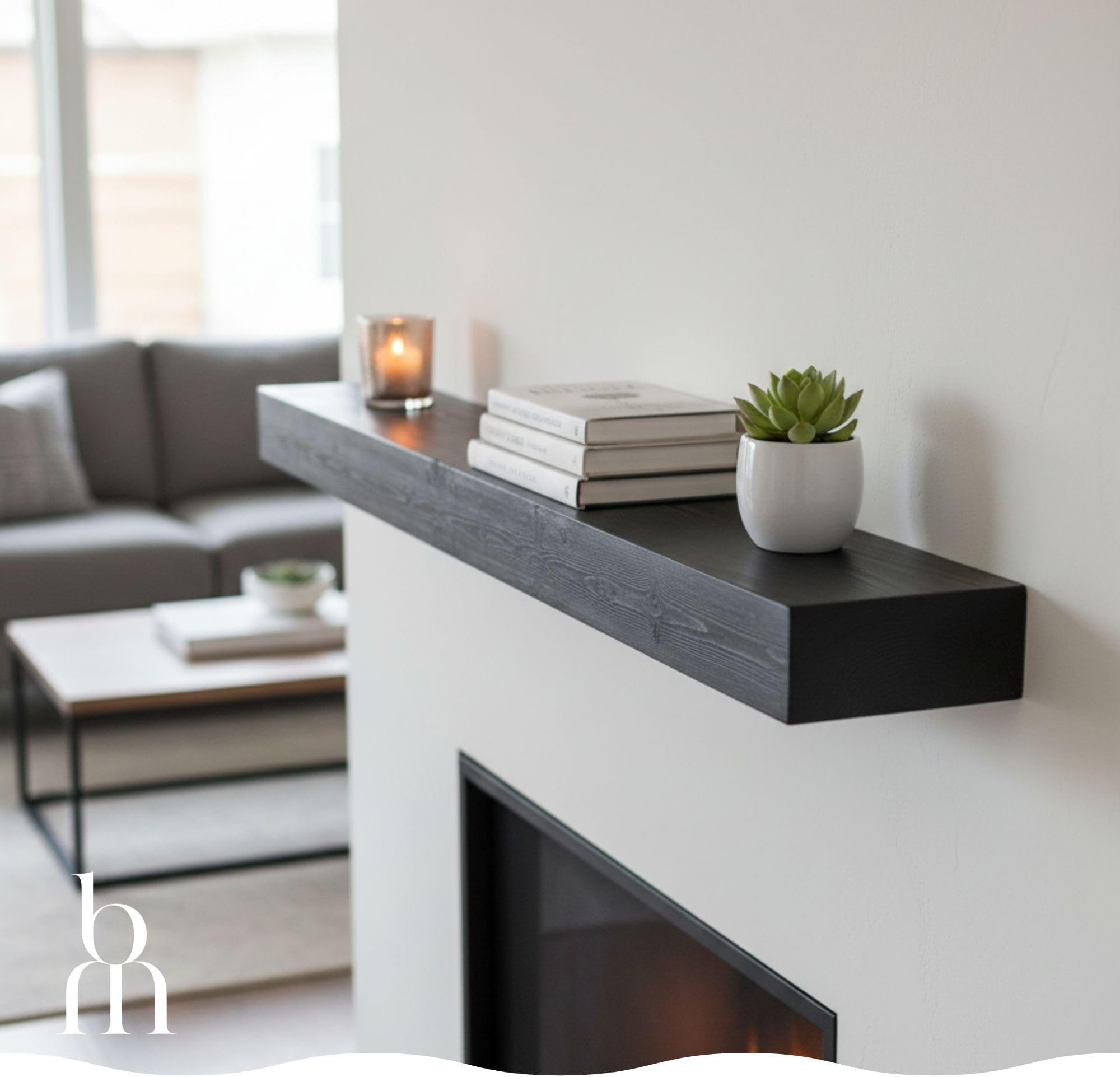 BoscoMondo Solid Wood Fireplace Mantel Shelf, Floating Mantle for Living Room, Farmhouse Rustic Wood Mantel, Easy Wall Mount with Heavy-Duty Metal Bracket (48", Intense Black)