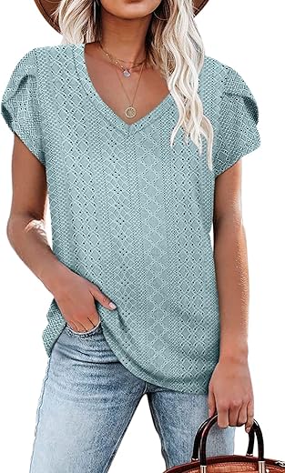 WIHOLL Women's V Neck Eyelet Petal Sleeve Top