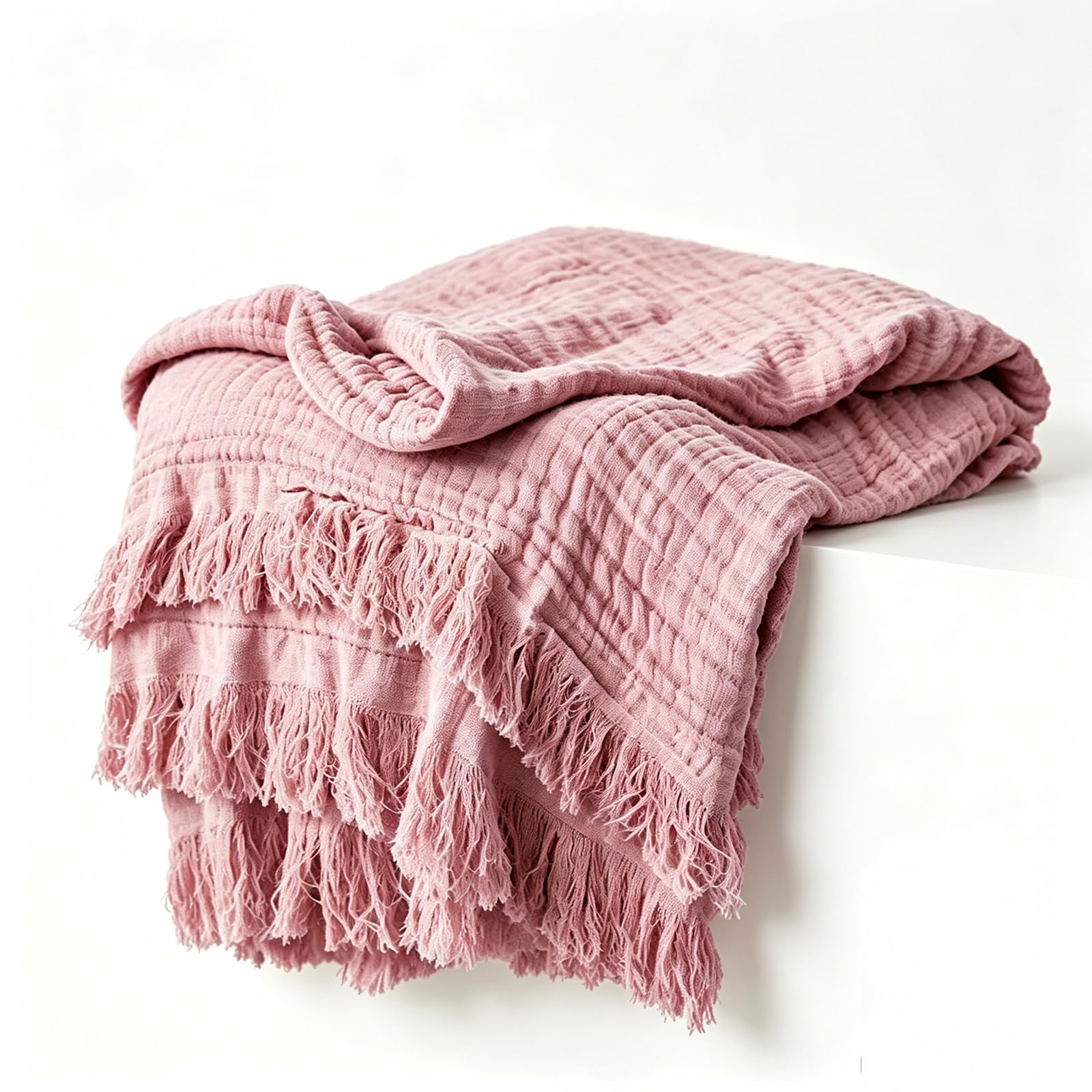 Knit Woven Gauze Blanket with Tassels，Throw Blanketfor Couch (1PC-F)