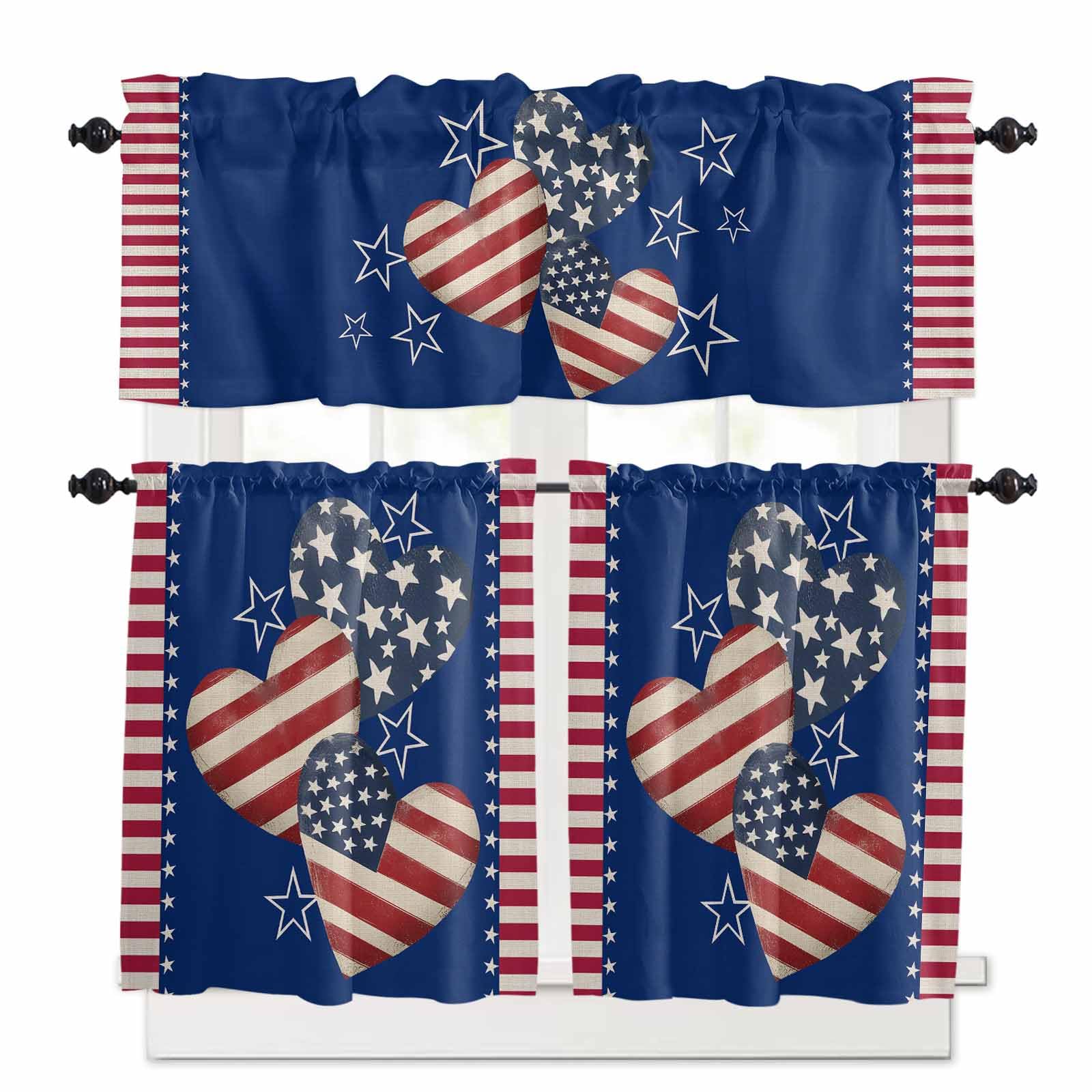4th of July Kitchen Curtains 24 Inch Length, 3 Piece Rod Pocket Small Half Tiers and Valance Set, American Flag Independence Day Vintage Small Large Window Treatment Decor for Bedroom/Bathroom Sink