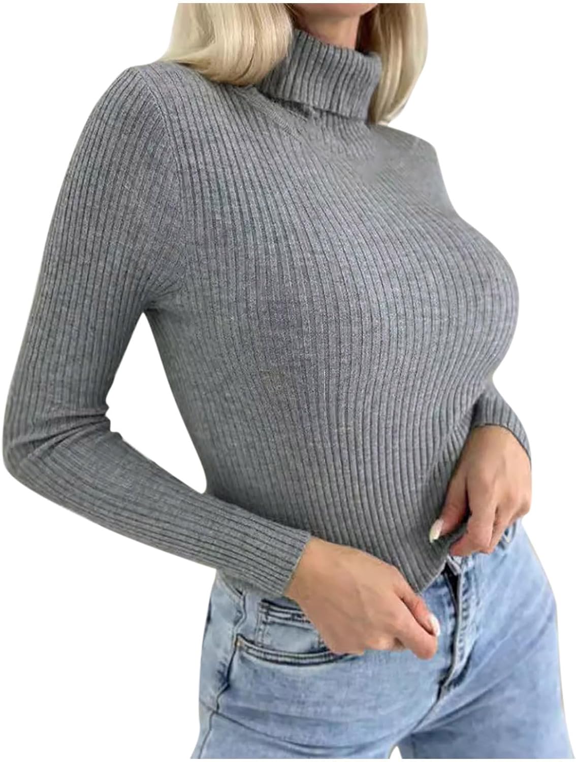 Women's Fall Slim Fit Sweaters Turtleneck Long Sleeve Ribbed Sweater Winter Casual Comfy Solid Basic Pullovers