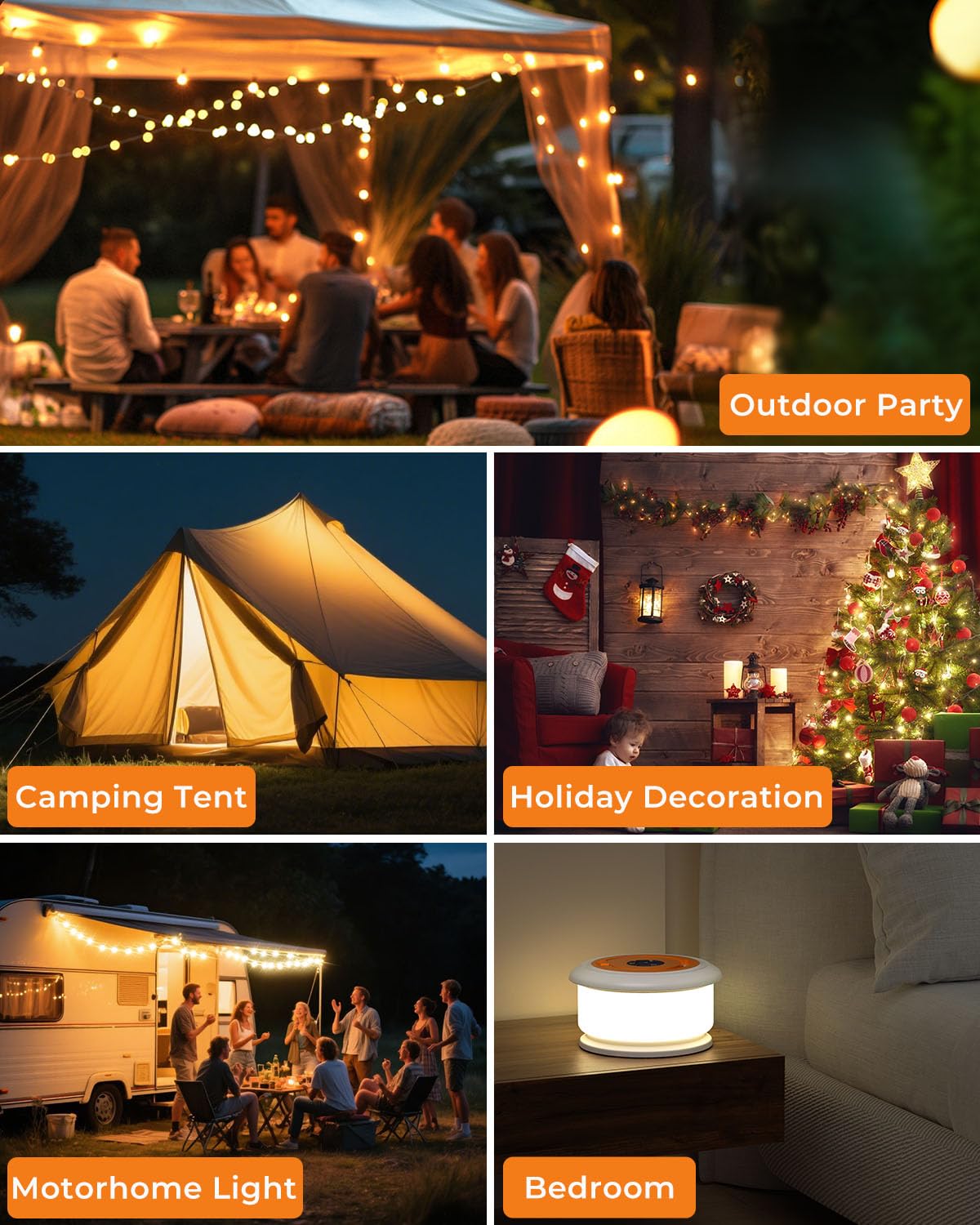 Guirlande lumineuse de camping, lampe flash RVB rétractable de 10 m, guirlande lumineuse LED rechargeable, étanche, lanterne portable à suspendre pour tente extérieure, patio, auvent, jardin