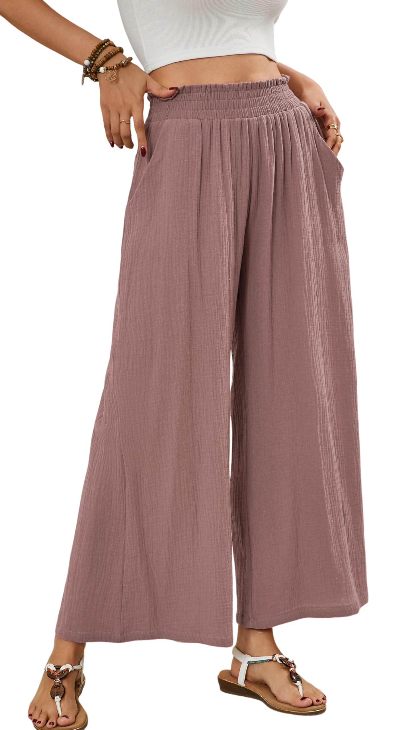 R Vivimos Cotton Casual Wide Leg Pants for Women Stretchy High Waisted Comfy Flowy Cropped Palazzo Pants with
