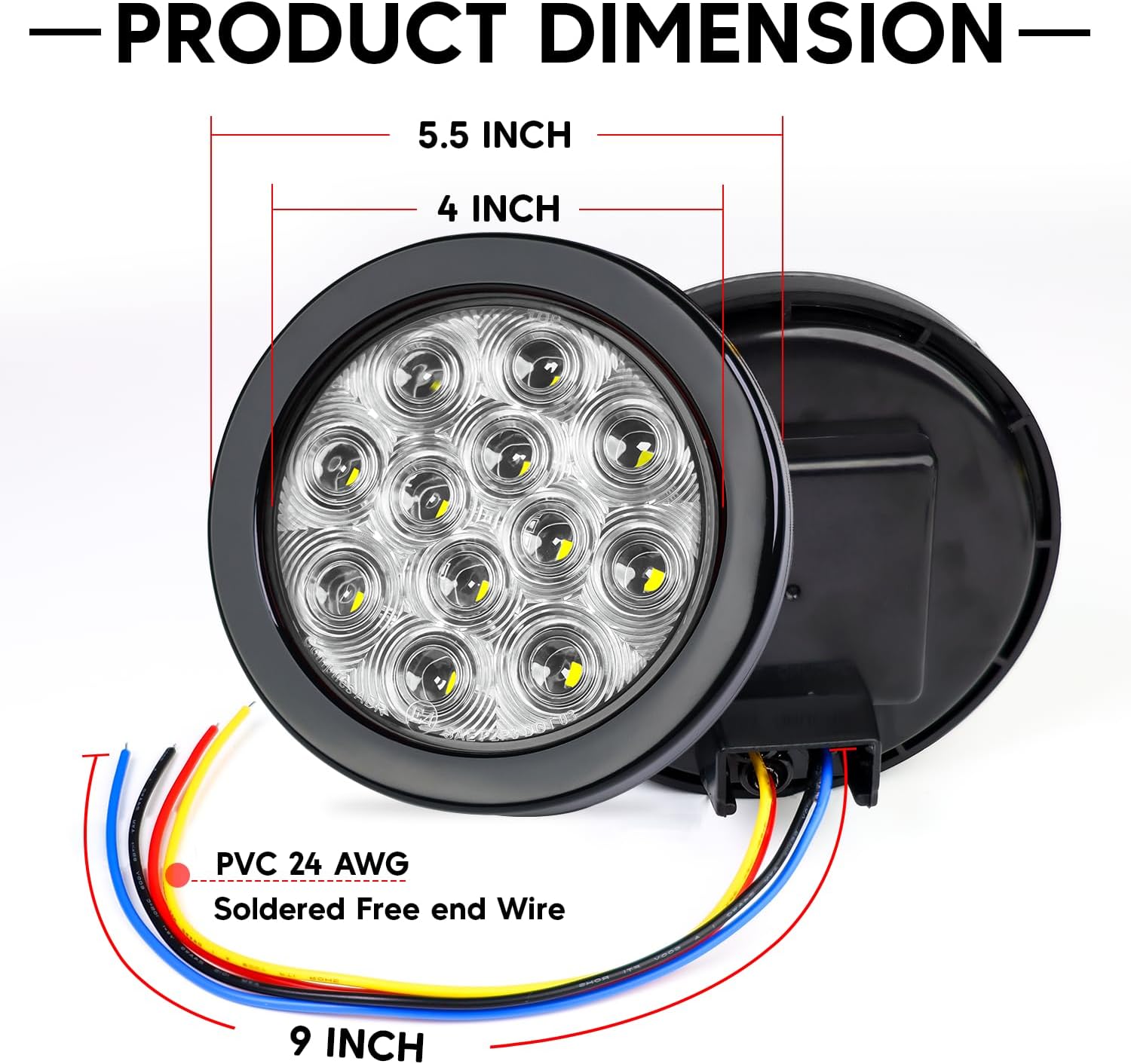 2 Pcs 4" White LED Round Marker Clearance Tail Light with 3 Modes (Low/High/Strobe) – 12 LED, 4-Wire, Grommet & Prong Plug, 12V DC for Trailer, Truck, Van, RV, Tractor