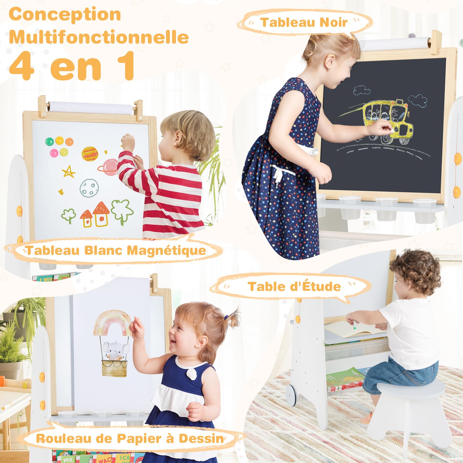 COSTWAY 4 en 1 Tableau Enfant avec Tableau Noir & Magnétique Réglable