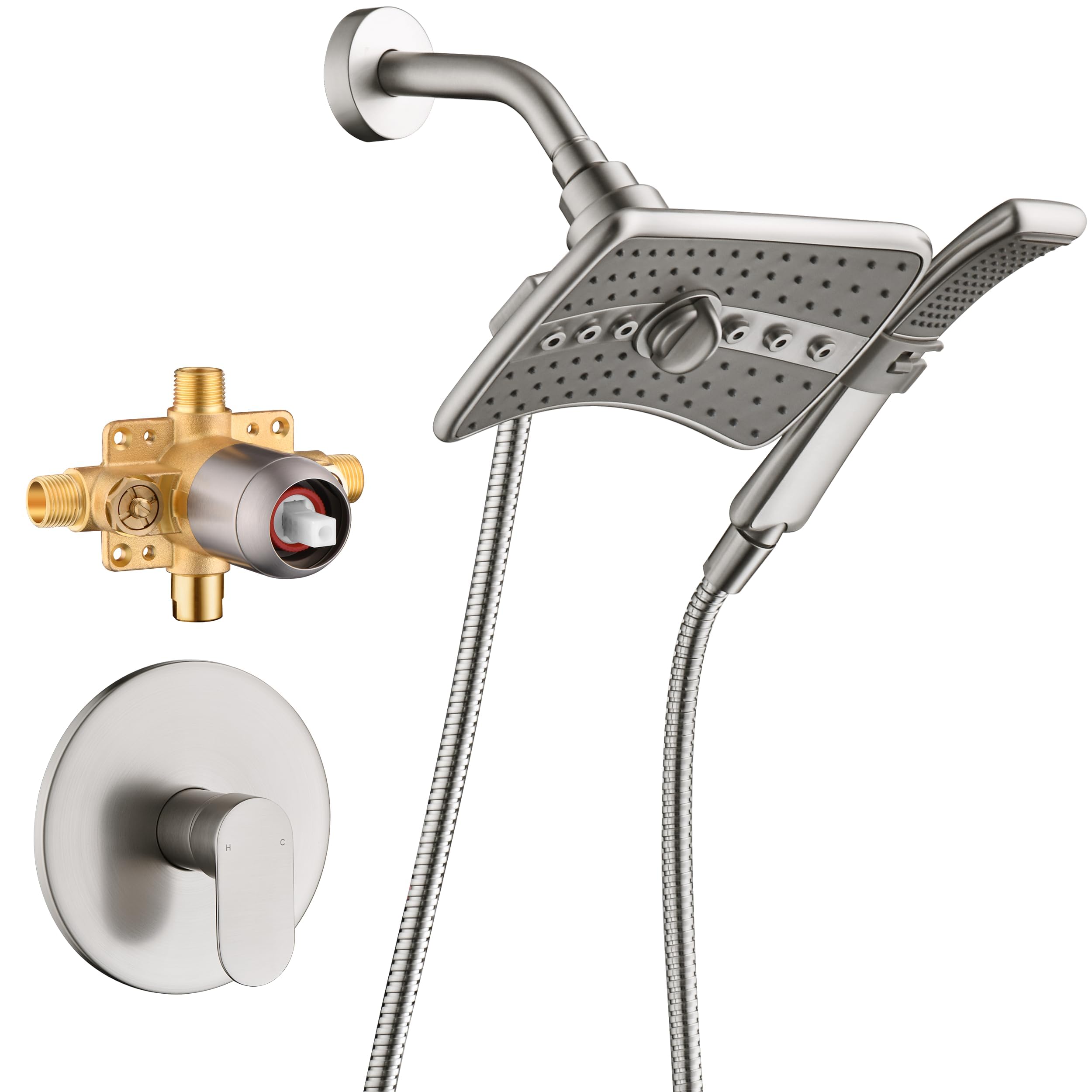 BRIGHT SHOWERS Dual Shower Head System with Handheld and Rainfall Shower, Shower Faucet Set with Valve and Trim Kit, Includes 79-Inch Stainless Steel Hose, Brushed Nickel