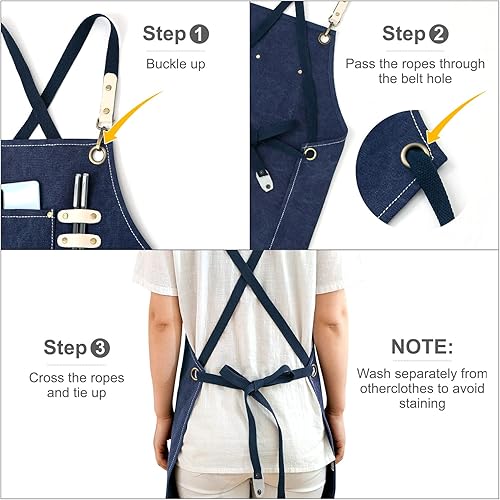 Miniatura 3 de Delantal de lona de algodón con espalda cruzada para pintura artística, jardín, chef, barman trabajo, mujeres y hombres, 3 bolsillos, impermeable,