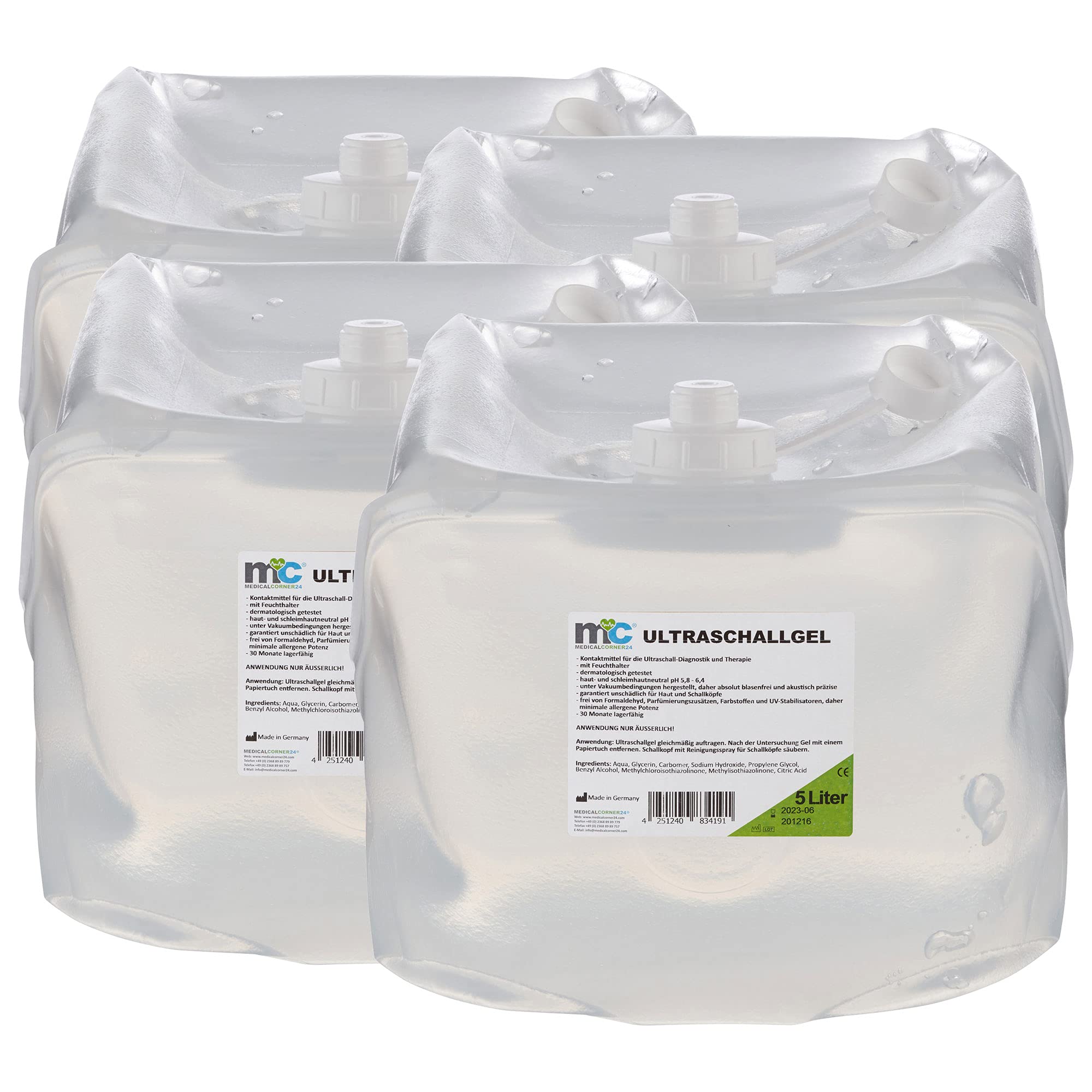 Medicalcorner24 Ultraschallgel, Sonographiegel, Kontaktgel, Leitgel, Gel, 4 x 5 Liter Cubitainer