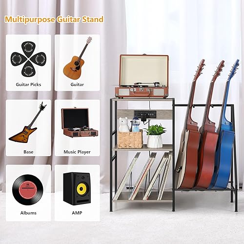 Miniatura 4 de Vrisa Soporte para guitarra, estante de guitarra con 3 puertos USB y 2 salidas de CA, soportes de guitarra, accesorios de guitarra eléctrica de piso
