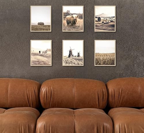 Miniatura 7 de MINI ZOZI Highland Cow - Arte de pared de 8 x 10 pulgadas, 6 piezas, decoración de pared occidental, lienzo de granja, rústico, arte impreso,