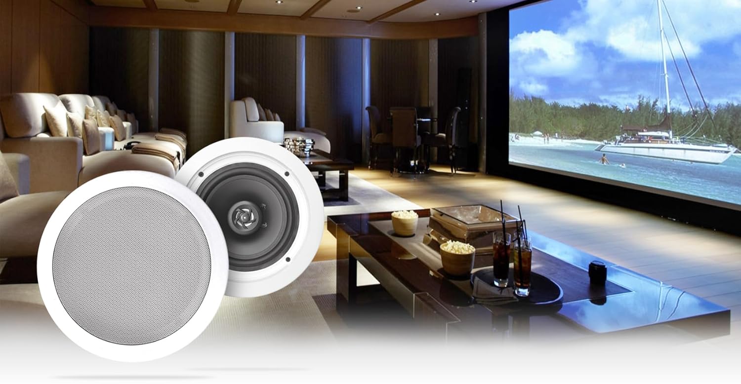 Lifestyle image showing in-ceiling speakers installed in a home theater setting