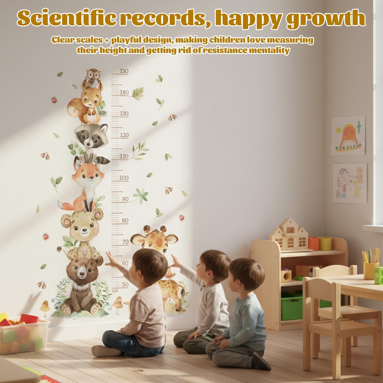 Toise Murale Enfant, Stickers Muraux Chambre Bébé, Règle de Hauteur Enfant, Autocollant Mural Animaux de la Forêt, Sticker Mural de Croissance 50-150 cm, pour Garçons et Filles
