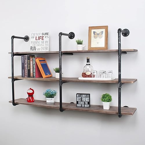 Miniatura 6 de MBQQ, Estantes de tubería industrial con madera, estante de montaje en pared rústico, estantería de metal colgada, estantería flotante de