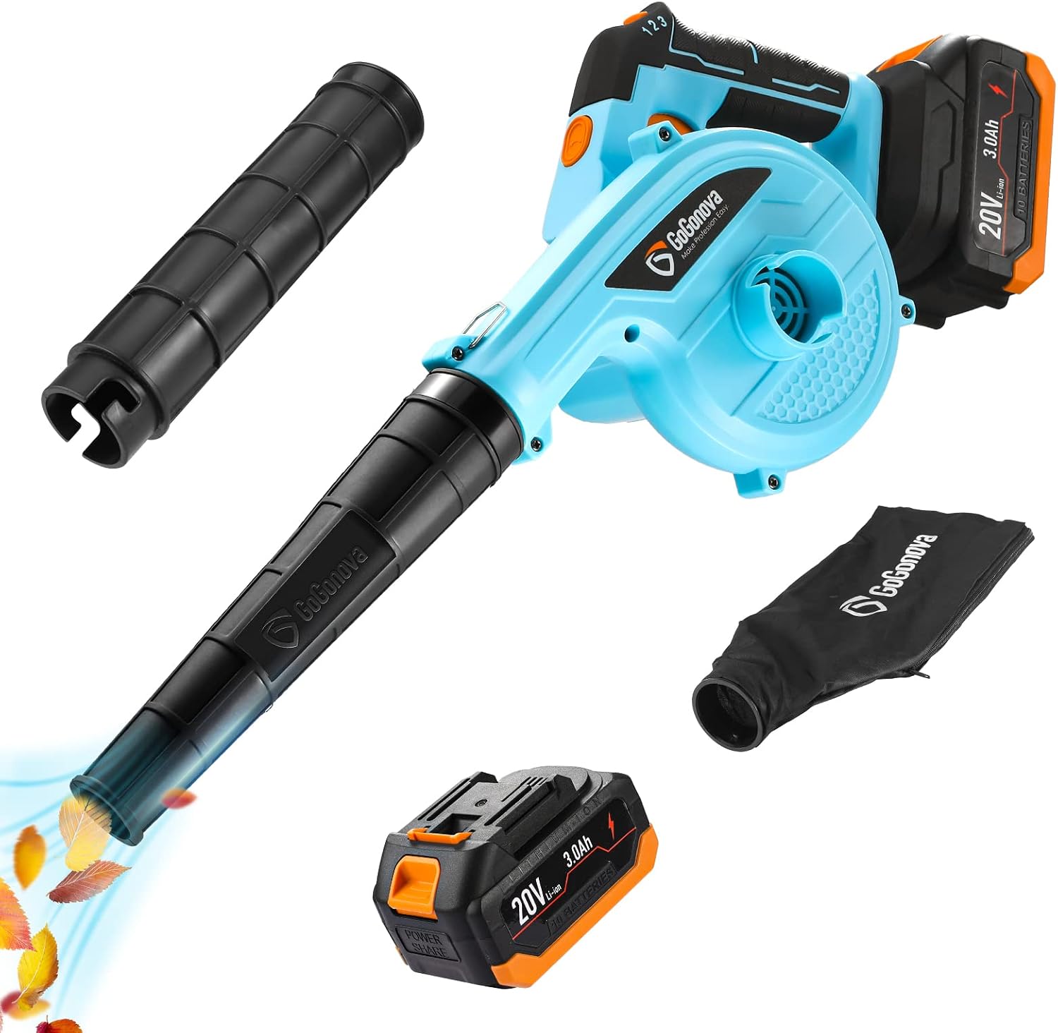 Cordless Leaf Blower and Vacuum Cleaner, GoGonova 20V 3.0AH Rotary Handle Electric Blower, 3 Variable Speed 140CFM Lightweight Blowers for Leaf Blowing, Dust Cleaning(Battery & Charger Included)