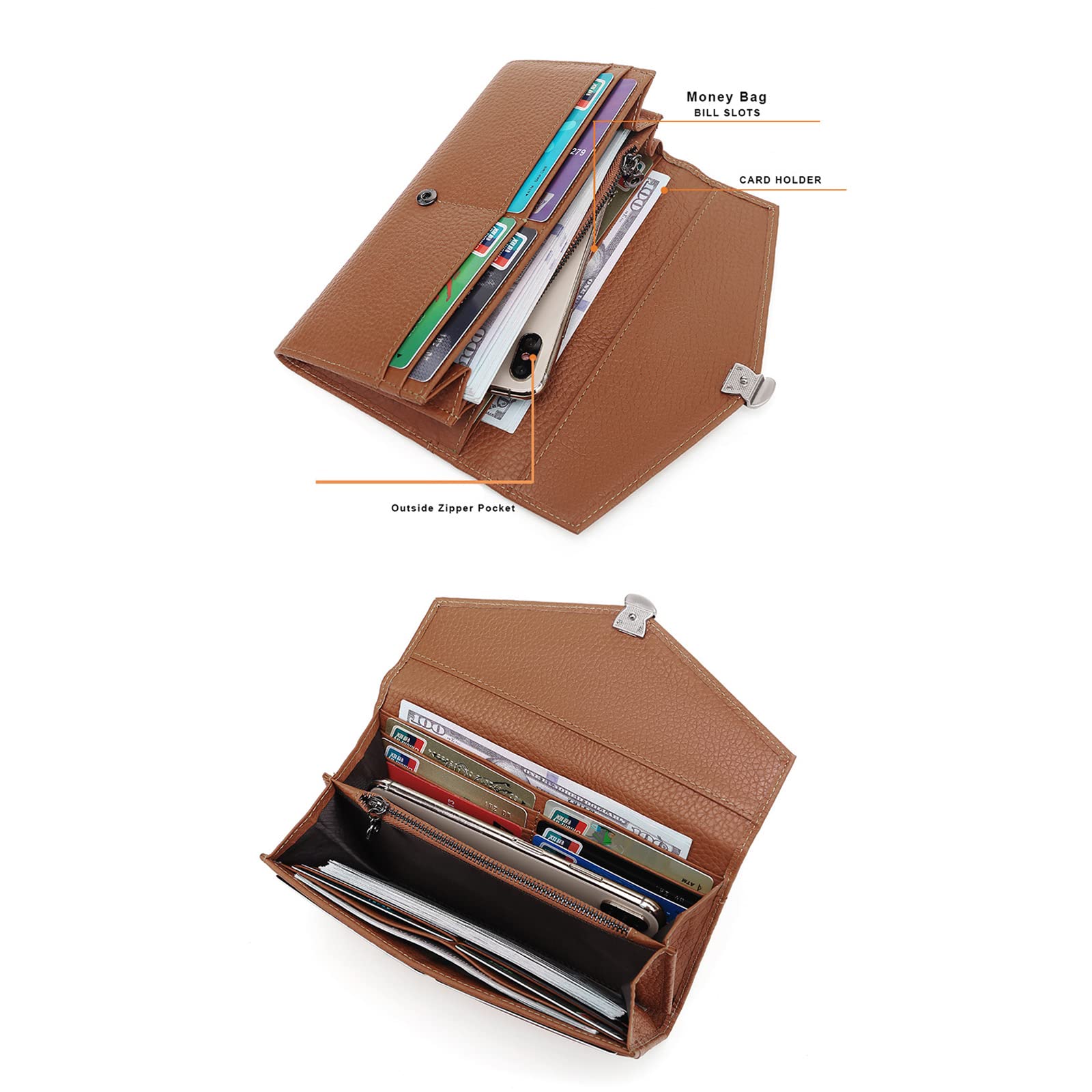 Damen Geldbeutel mit RFID Clutch mit Großem Fassungsvermögen und Litschimuster mit Schnalle, die Mobiltelefone Aufnehmen Kann,Orange,One Size