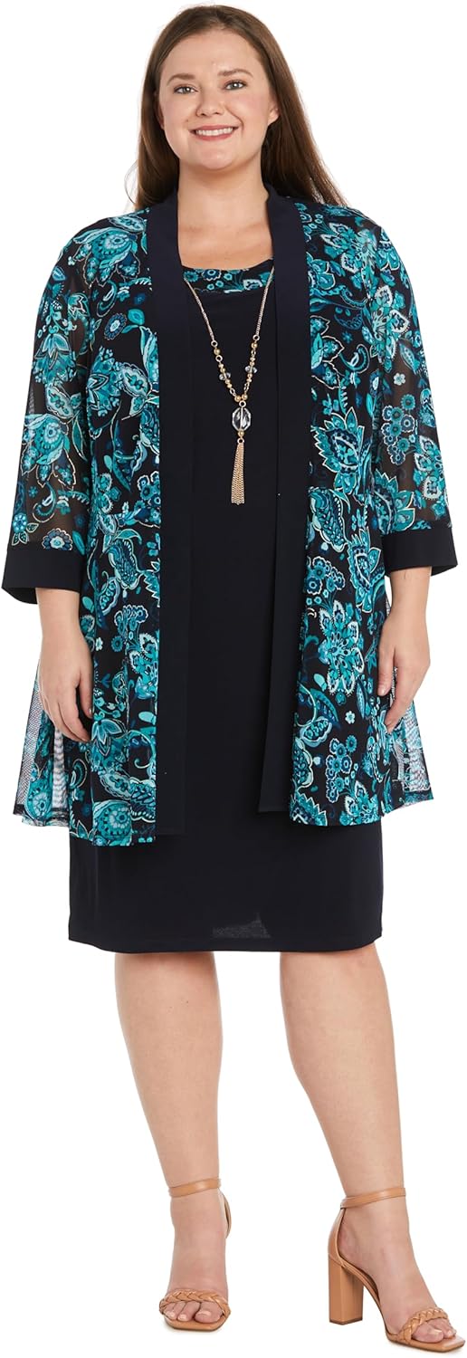 R&M Richards Women's Foil Print Floral Power Mesh ¾ Sleeves Jacket & Shift Dress Set - Spring Summer Wear