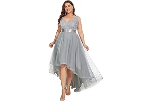 Womens Double V Neck A Line High Low Sequin Tulle Plus Size...