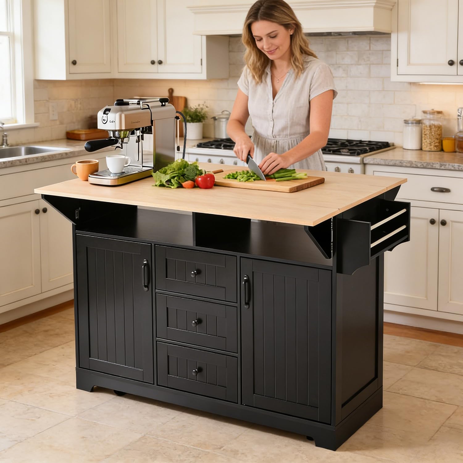 Hennhari Kitchen Island with 2 Drop Leaf, Island Table on Wheels with 2 Cabinet and 3 Drawers, Rolling Island with Power Outlet, Island Cart with