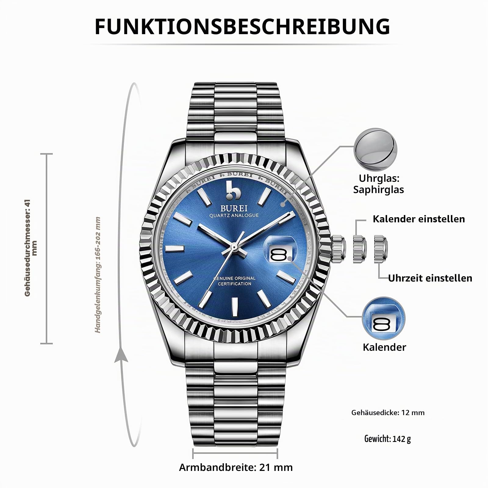 BUREI Herren Uhren Quarz Armbanduhr Datumsanzeige Saphirglas Objektiv mit Zwei Tönen Edelstahlband Uhren für Männer
