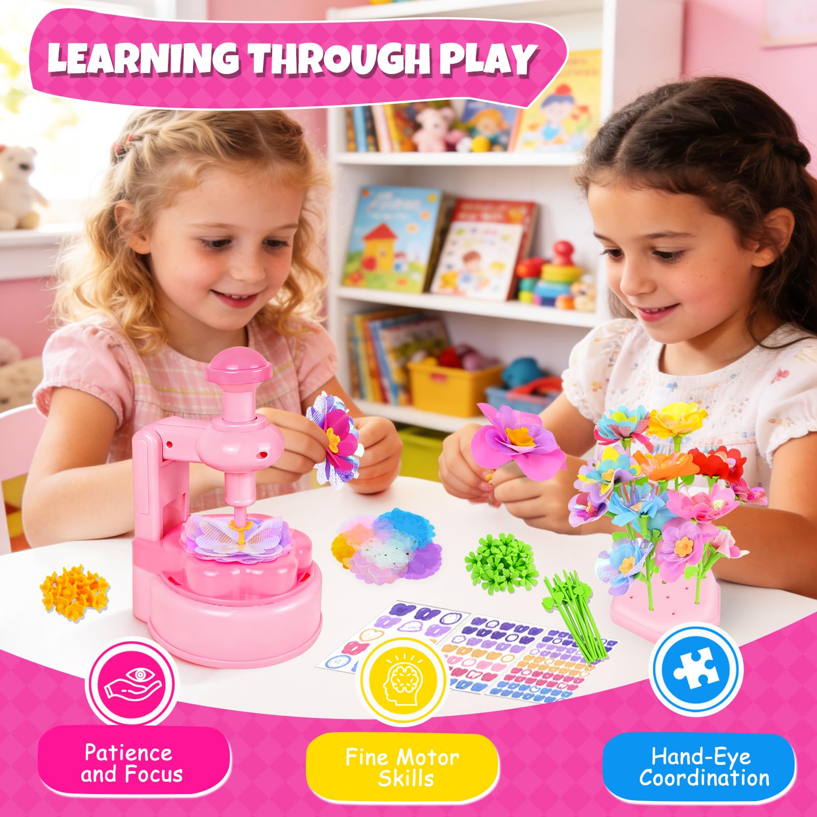 Joellfuner Fabrique de Fleurs Enfant, Kit de Bouquet de fleurs DIY pour Enfants, Création Bouquet de Fleurs avec Machine à Fleurs, Jouet Fleurs Activité Manuelle Enfant Fille 3 4 5 6 7 Ans, Rose