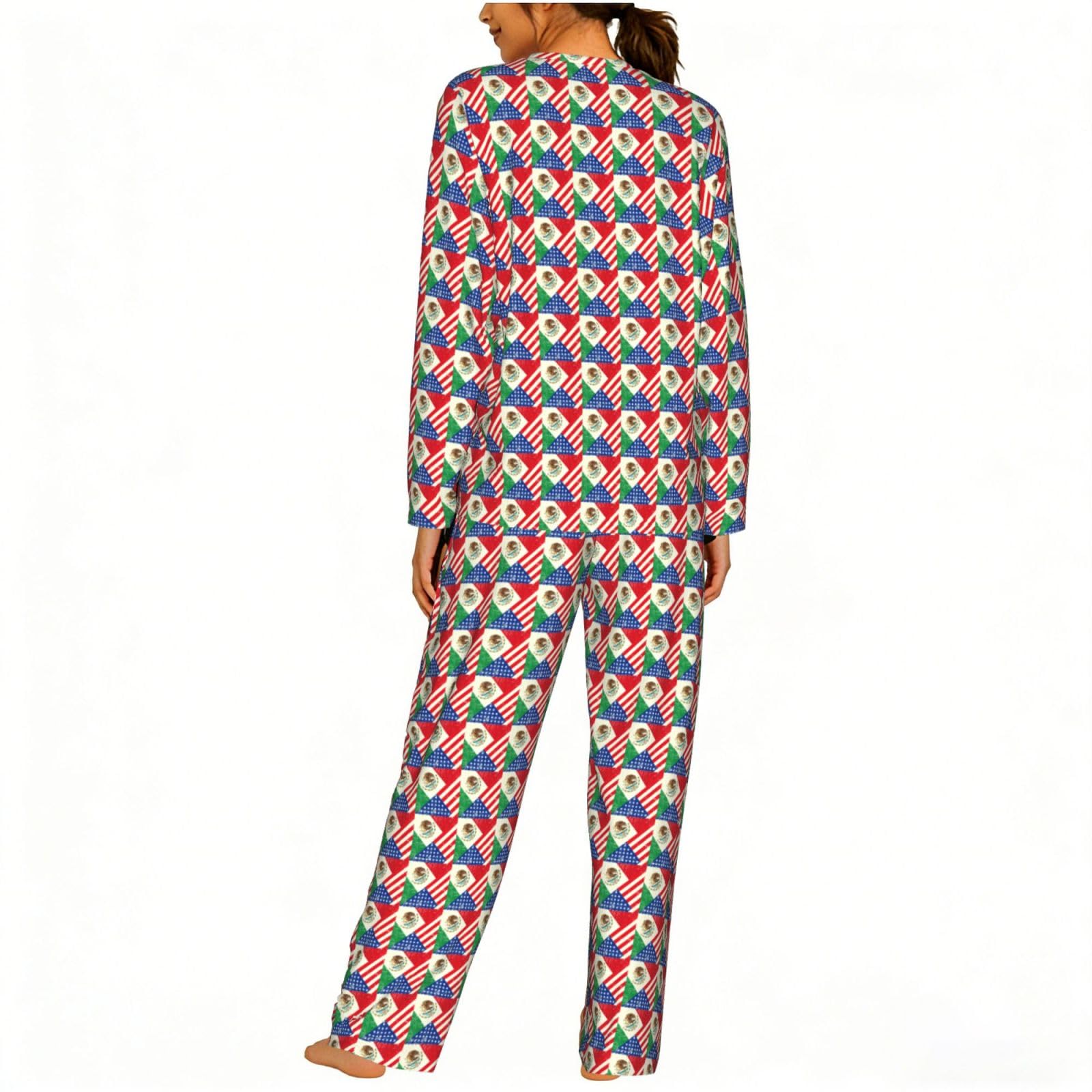 Pigiama da donna a maniche lunghe con stampa bandiera messicana americana per vacanze, yoga, uscite casual, comodo regalo