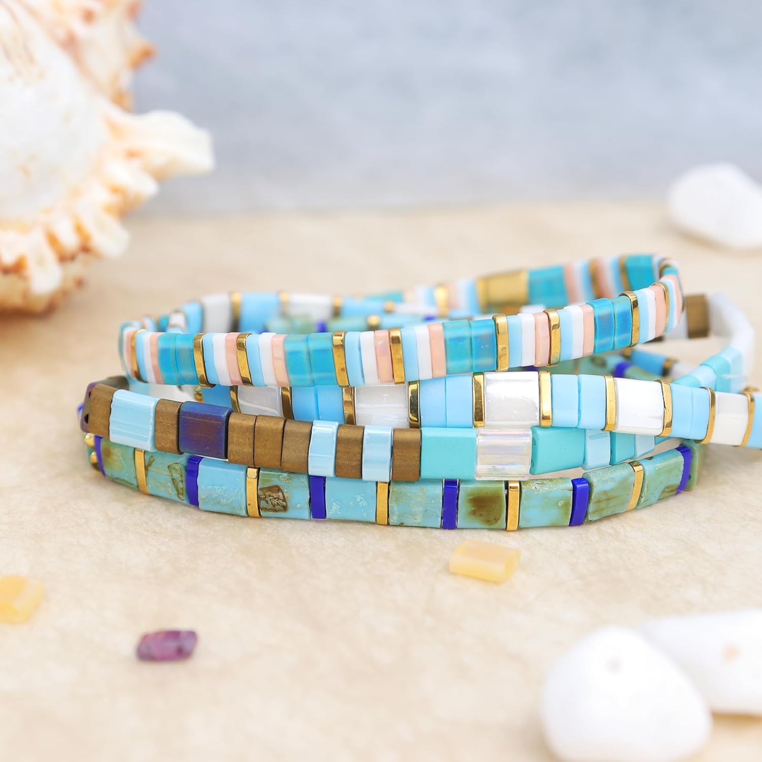 Tila Flat Beaded Stretch Bracelets for Women, Trendy Unique Handmade Stackable Green Blue Square Beads Miyuk Link Bracelet Summer Jewelry Gift - Image 4