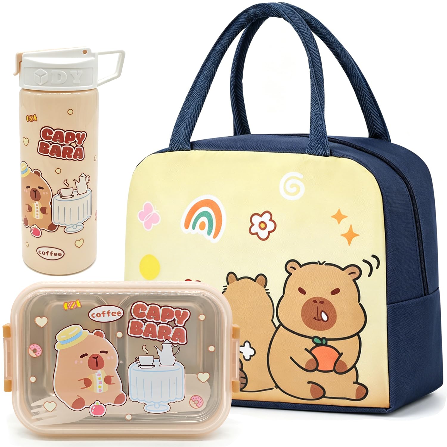 MIFKLMV Capybara Insulated Lunch Bag Set, Childrens Capybara Lunch Box Set, 800ml Bento Box and 500ml Leak Proof Water Bottle, for School Work Picnic Travel Beach, Gifts for Children-B