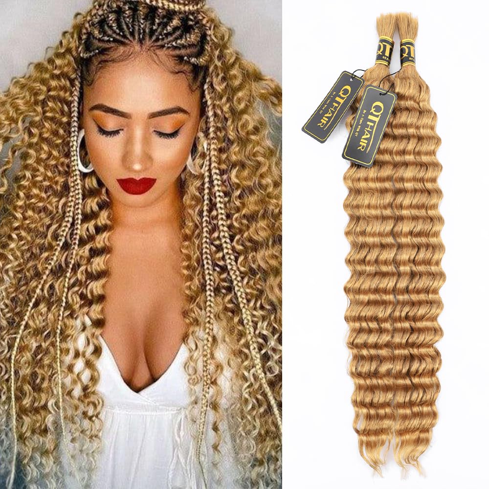 QTHAIR 14A Deep Wave Bulk Human Hair For Braiding No Weft (22", 27(Honey Blonde)) 100% Unprocessed Brazilian Deep Wave Human Hair Virgin Hair Extensions Two Bundles Micro Braiding