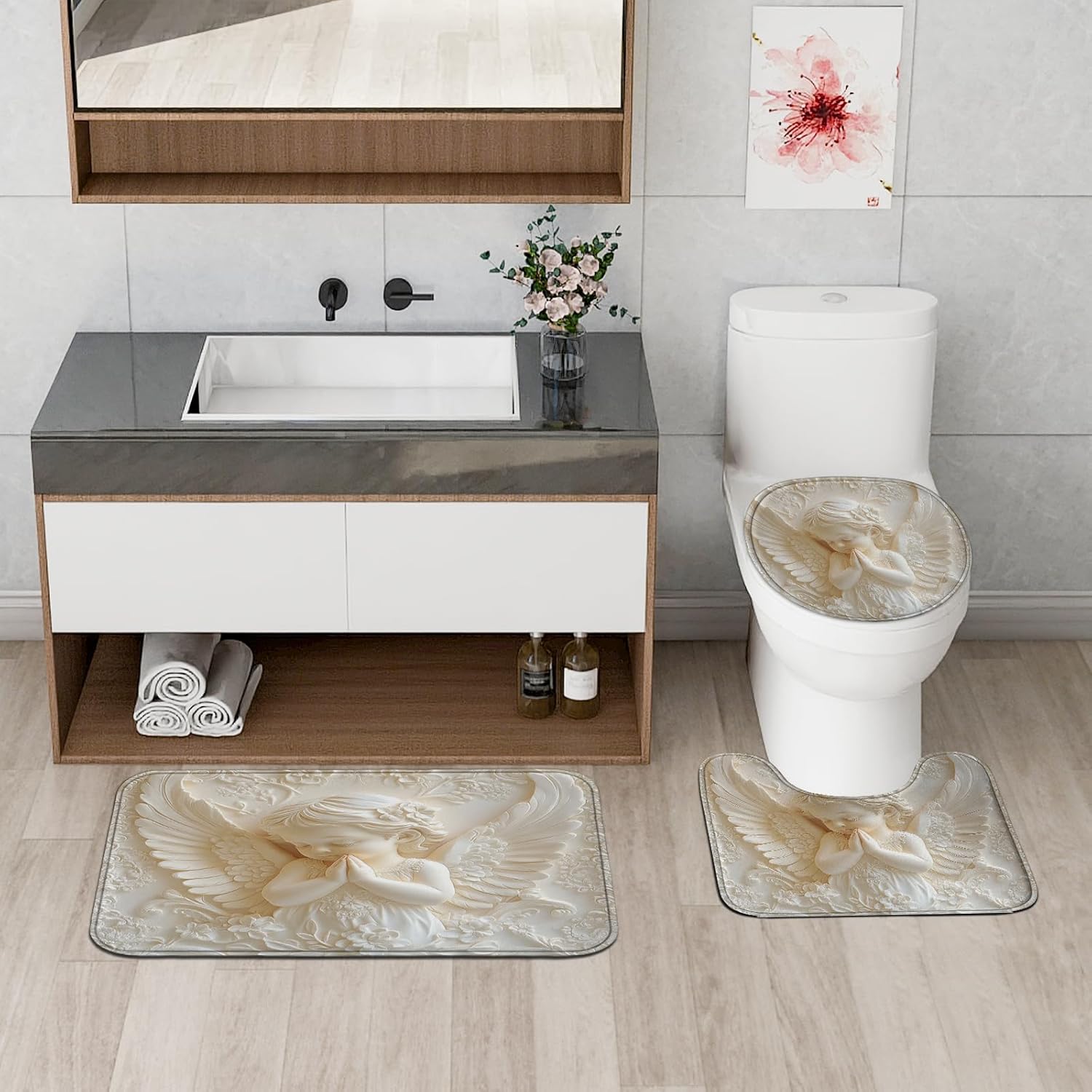 Angel Shower Curtain, Beige White 3D Angel Decor Shower Curtain Sets for Bathroom Decor, Spring Summer Modern Minimalistic Waterproof Fabric Shower Curtain Set with Rugs and Hooks 72x72 Inch