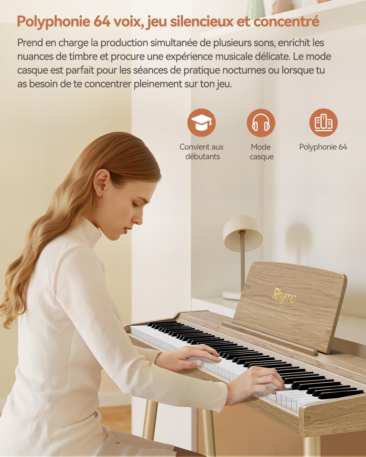 Rhymo Piano Numérique 88 Touches Semi-Lestées avec Support - Clavier Pleine Taille, Bluetooth Audio/MIDI, Mode Dual Player, Haut-parleurs 20W, Entrée Micro, Triple Pédale (couleur bois naturel)
