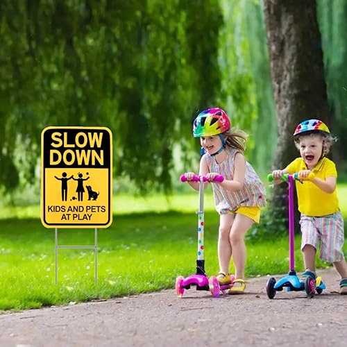 Miniatura 6 de Letreros de "Slow Down" con estaca en H, 16 x 12 pulgadas, letrero de juego para niños y mascotas en los barrios de la calle, letreros de seguridad