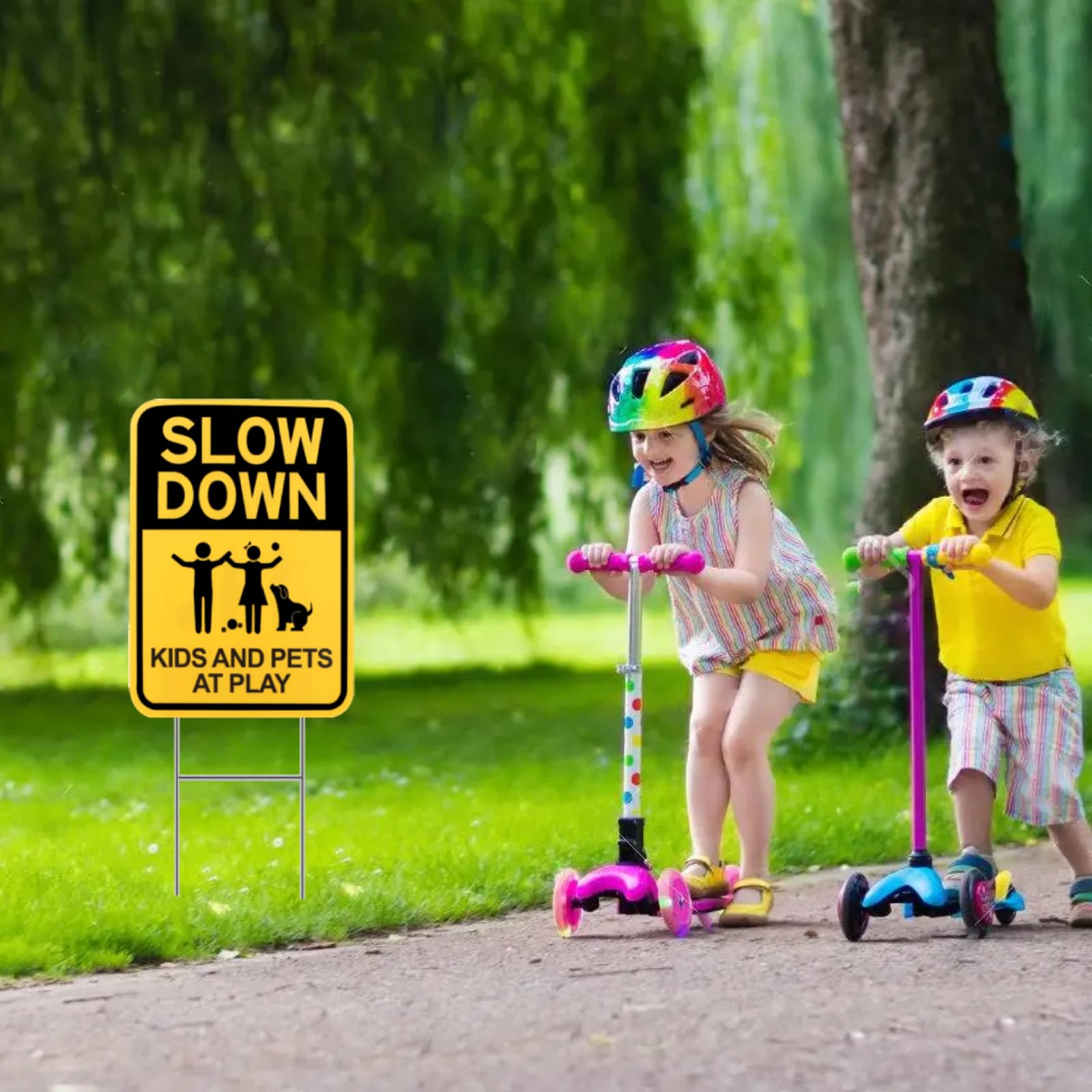 Letrero de ralentización con estaca H, 40,6 x 30,5 cm, letrero de seguridad para niños y mascotas en la calle, letrero de seguridad de doble cara para niños, impermeable, resistente a la