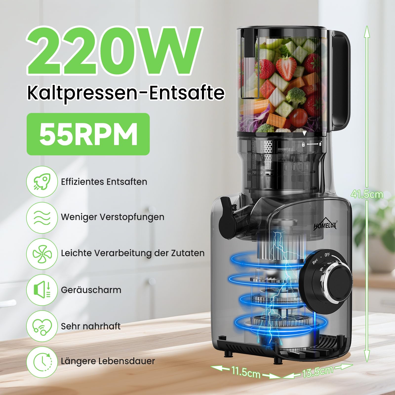 HOMELUX Sokowirówka 220 W Slow Juicer, 126 mm, otwór wlotowy do całych warzyw i owoców, elektryczna wyciskarka z 2 filiżankami, szczotka do czyszczenia, nie zawiera BPA, łatwa do czyszczenia, srebrna