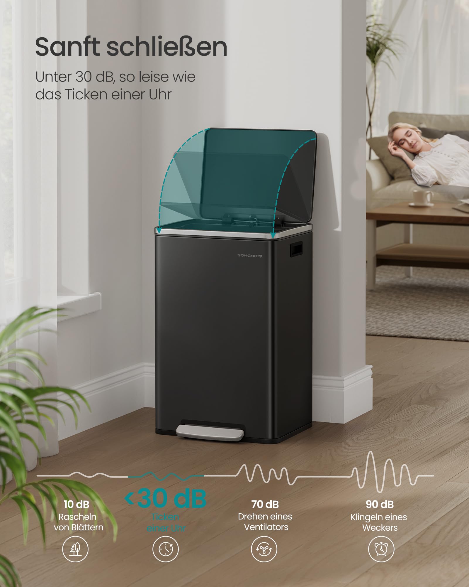 SONGMICS Mülleimer 50 L, 15 Müllsäcke, Stahl, herausnehmbarer Inneneimer aus Kunststoff, mit Deckel, Griffe, Softclose, tintenschwarz LTB595B02