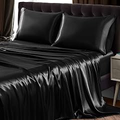SiinvdaBZX 4Pcs Satin Sheet Set Queen Size Ultra Silky Soft Black Satin Queen Bed Sheets with Deep Pocket