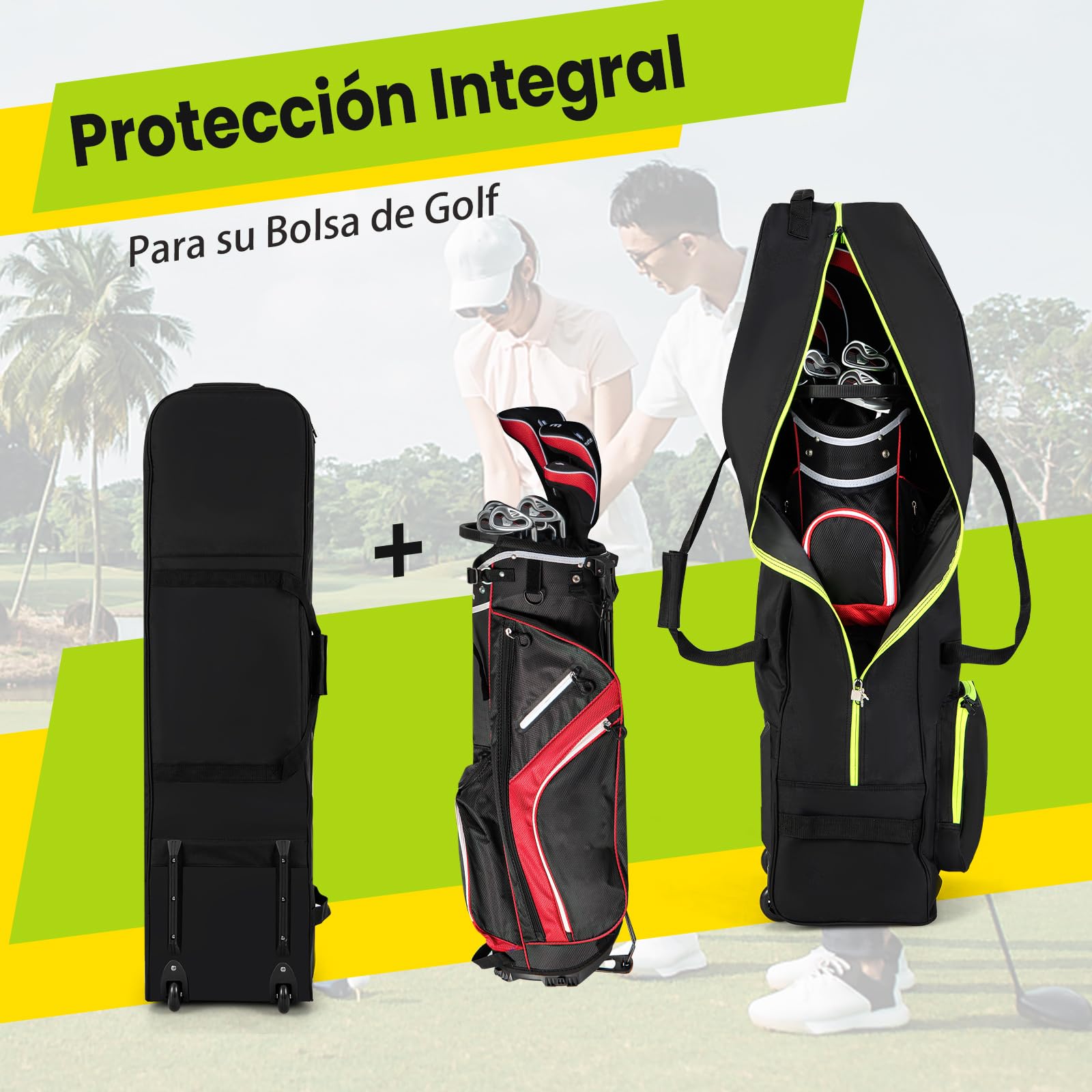 COSTWAY Bolsa de Golf de Viaje con Ruedes, Tela Oxford Resistente al Desgaste e Impermeable, Cremallera y Llave, Fundas de Viaje Plegable para Palos de Golf Aerolíneas